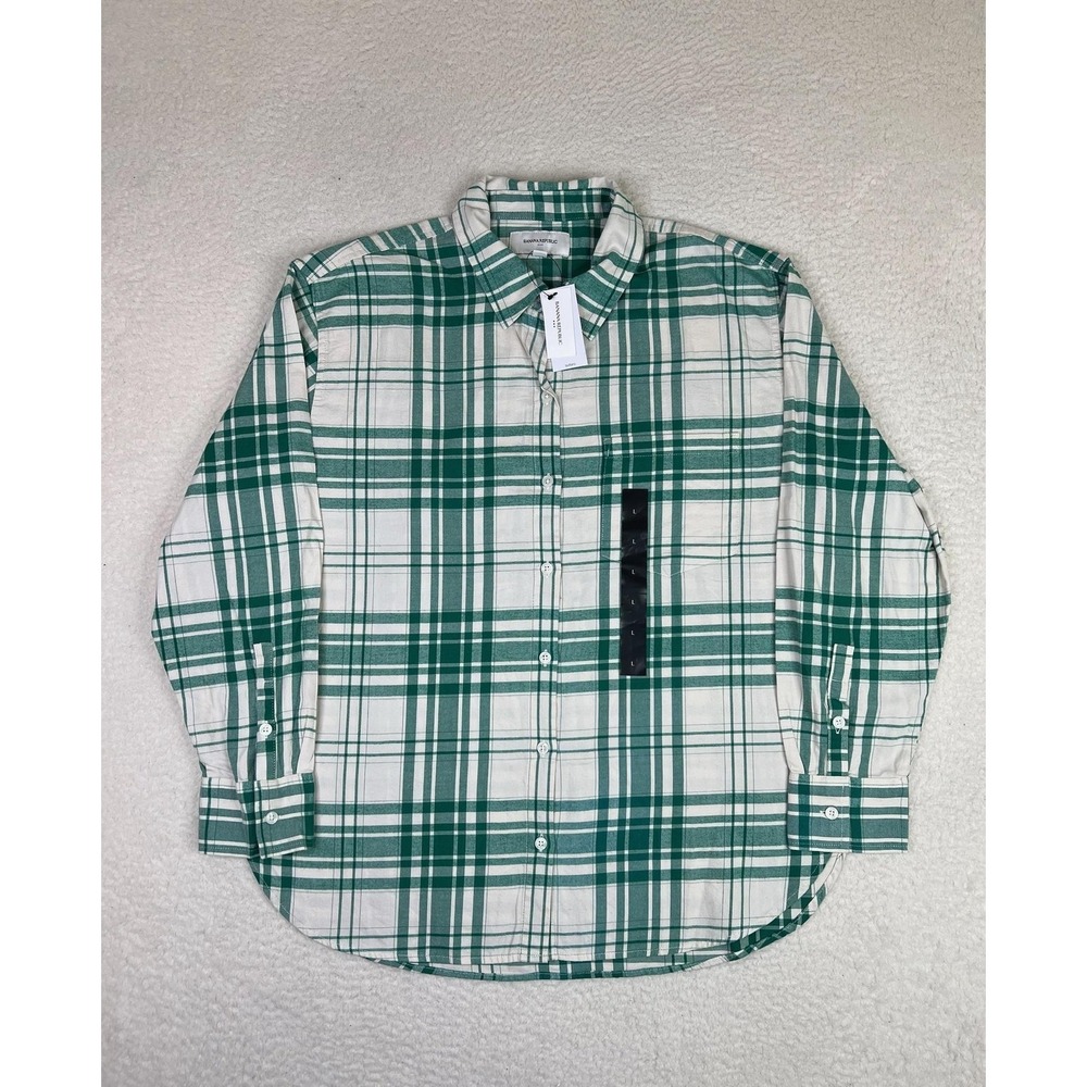 Banana Republic Shirt Mens Large Green Plaid Cotton Flannel LS Button Up Casual‎